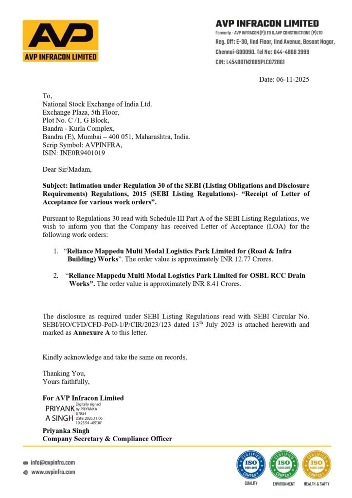 AVP Infracon Limited Secures Major Work Orders Totalling Over ₹21 Crores from Reliance Mappedu