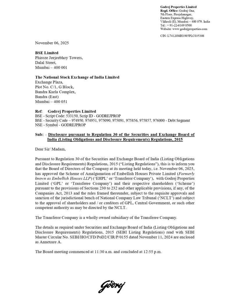 Intimation of Godrej Properties Limited (GPL) and Embellish Houses Private Limited (EHPL) Merger
