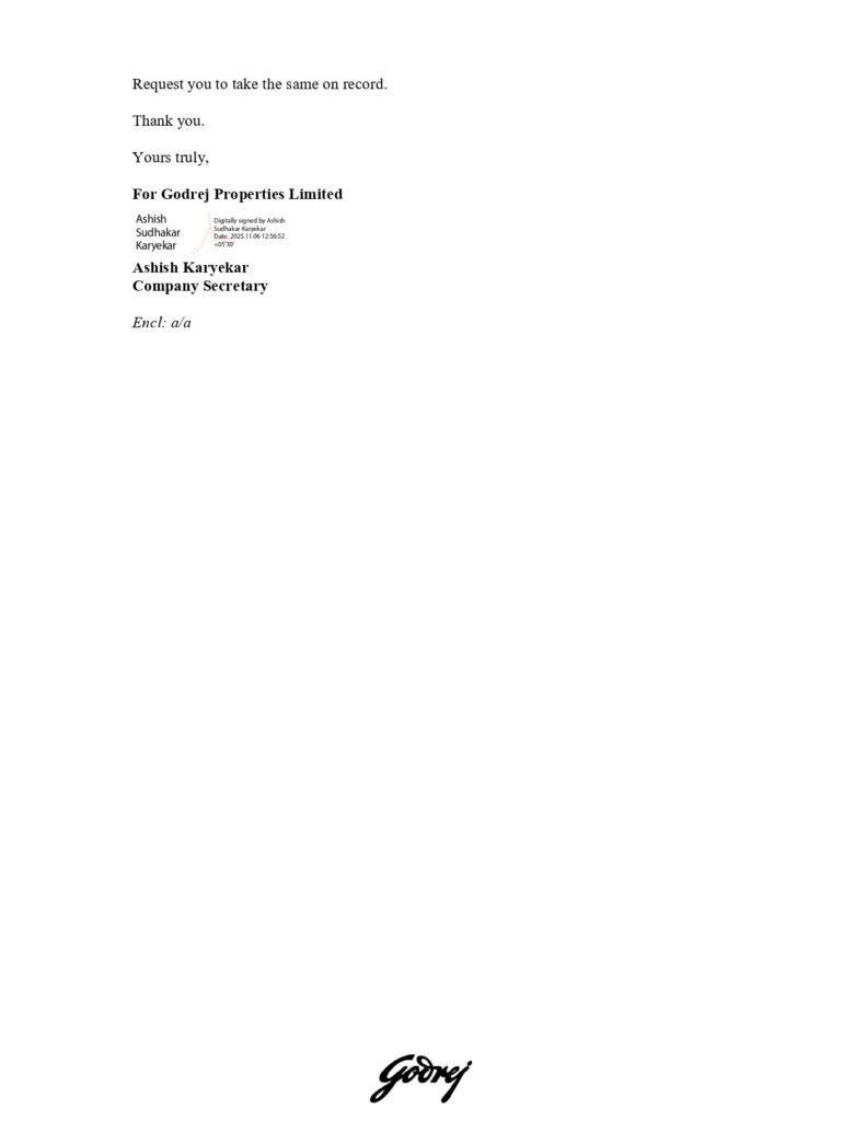 Intimation of Godrej Properties Limited (GPL) and Embellish Houses Private Limited (EHPL) Merger