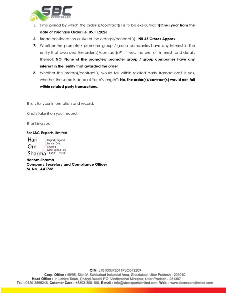 SBC Exports Secures Order Worth ₹45 Crore from Dubai-Based Company 2